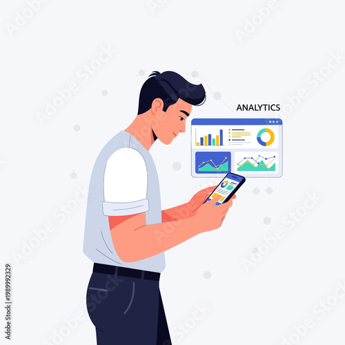 Man analyzing financial data on smartphone with business analytics charts in background