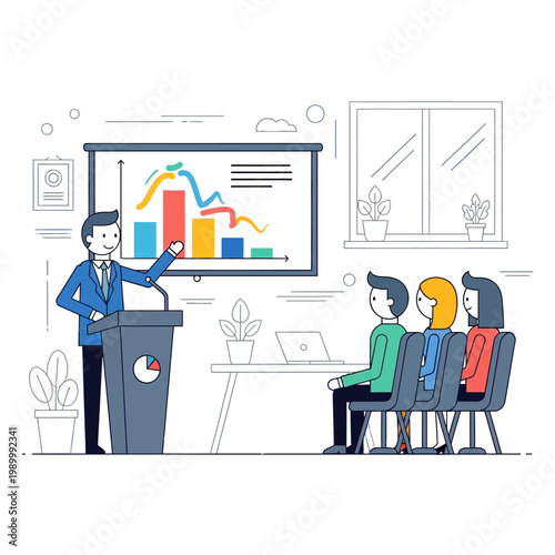 Business meeting with financial graph presentation on screen and attentive audience