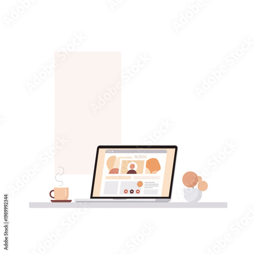 Modern minimalist office desk with laptop, coffee, and plant on a clean background