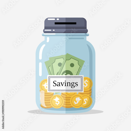 Flat design illustration of a transparent glass jar filled with banknotes and golden coins, symbolizing financial savings and future investments