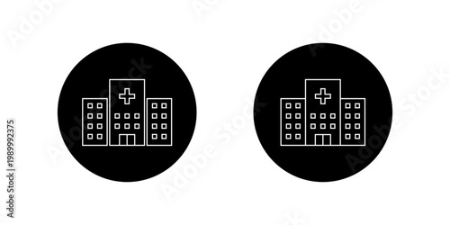Healthcare hospital outline icon in black circle. Medical center buildings symbol. Health facility sign