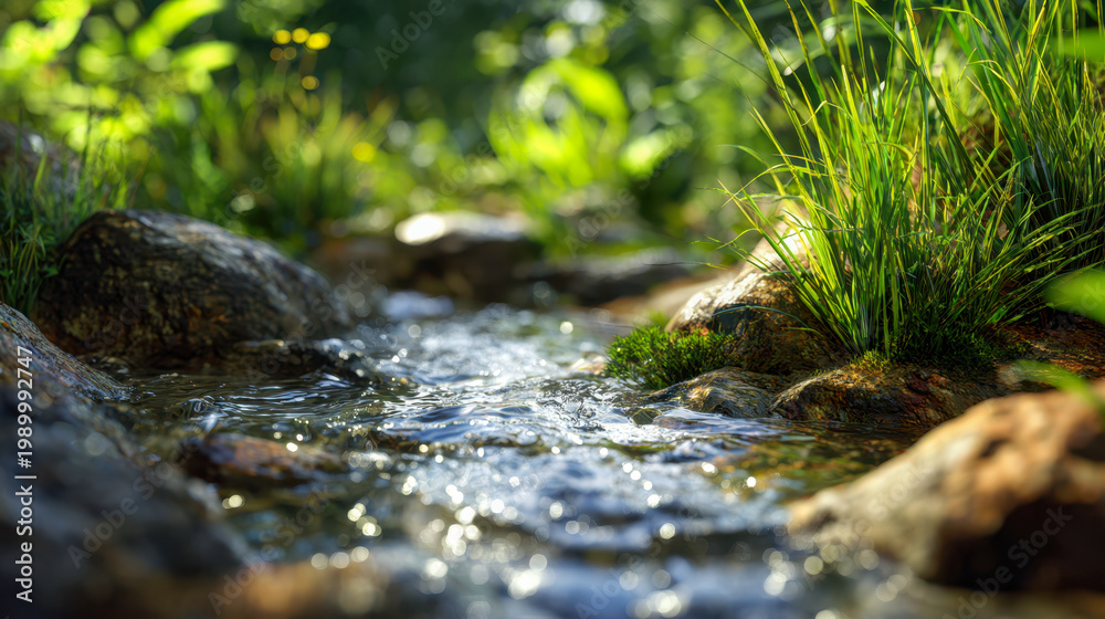 Obraz premium Serene forest stream gently flowing over smooth rocks with sunlight sparkling on clear water surrounded by lush green grasses and natural wilderness environment