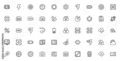 Camera Interface icon set. Minimal line vector icons pack. Includes gallery, flash, timer, settings, video, portrait, landscape, exposure, focus and more. Editable stroke.