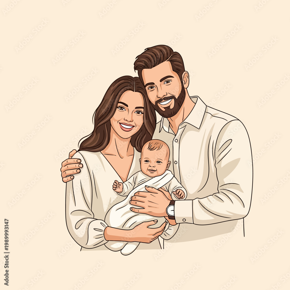 Obraz premium Vector illustration of a smiling mother and bearded father holding their newborn infant baby. Both parents wear cream-colored clothing against a clean, neutral background.