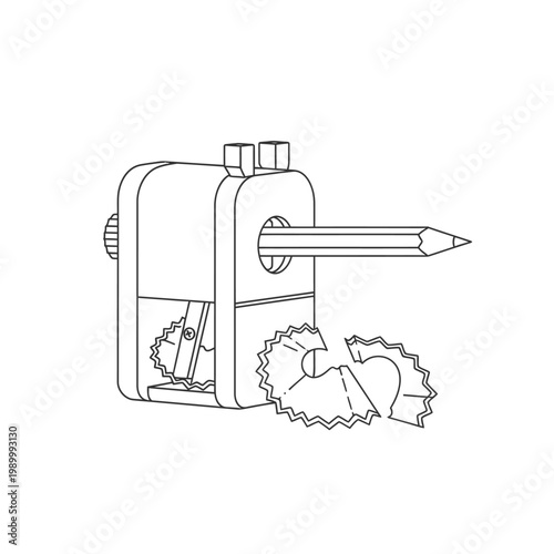 Detailed line art drawing of a manual two-hole pencil sharpener with a pencil and shavings, school supplies.