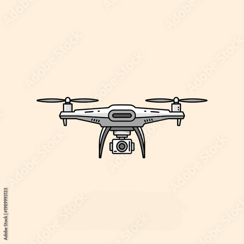 Vector illustration of a white four-propeller quadcopter drone with an integrated digital camera and gimbal system, depicted from a frontal view on a solid neutral background.