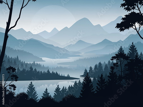 Minimalist Mountain Landscape with Lake Reflection and Pine Forest Silhouette