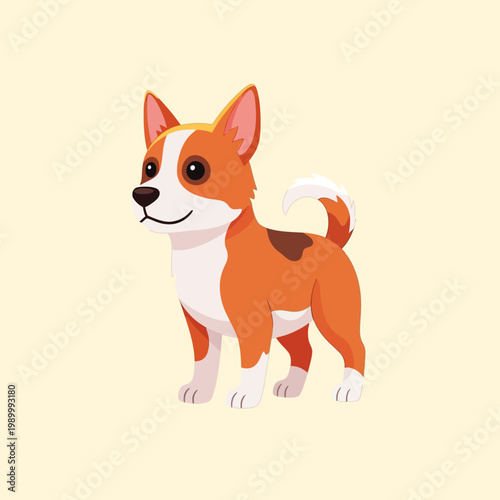 Cartoon vector illustration of a ginger and white dog standing. Features include pointy upright ears, a curved tail, brown spot on back, white paws, and smiling facial expression.