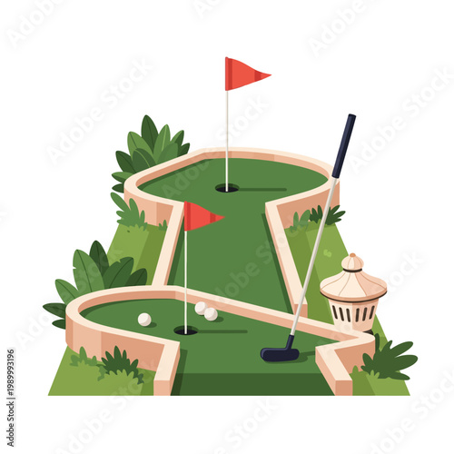 Flat vector illustration of a miniature golf course featuring two greens with red flags, a black putter, white golf balls, and green foliage isolated on white background.
