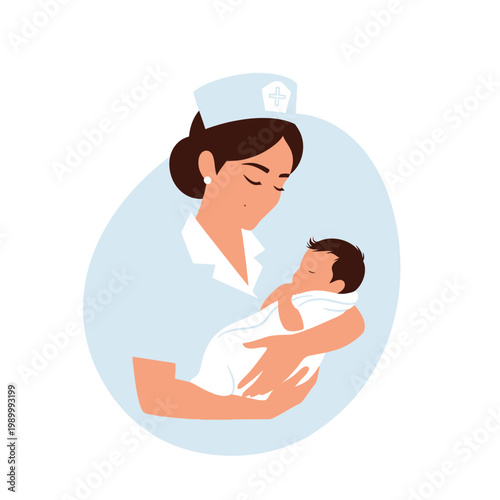 Vector illustration of a female midwife or nurse in a white medical uniform and cap holding a swaddled newborn infant, representing professional maternity care and neonatal health.