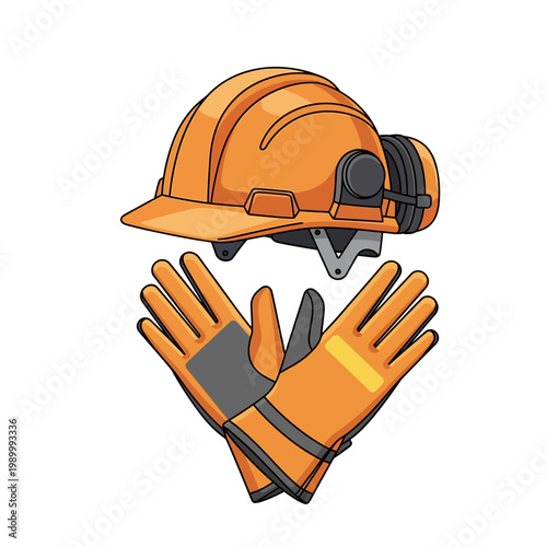 Vector illustration of orange industrial personal protective equipment including a safety hard hat with attached ear muffs and heavy-duty work gloves on white background.
