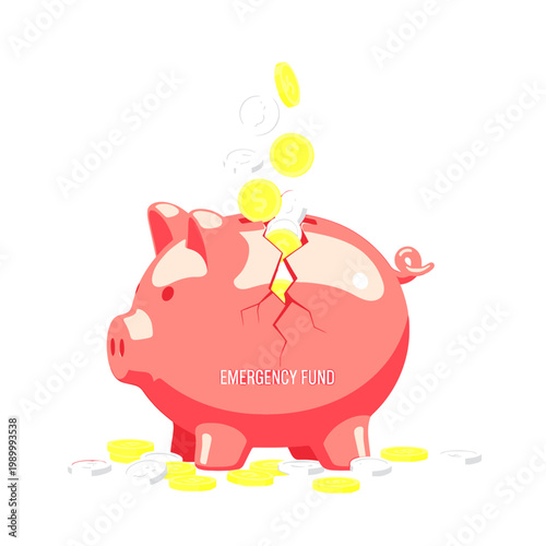 Cracked pink piggy bank with gold coins falling out, displaying 'Emergency Fund' text, symbolizing financial crisis, savings, and debt.