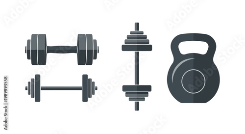 Fitness equipment illustration dumbbells barbell and kettlebell on white background