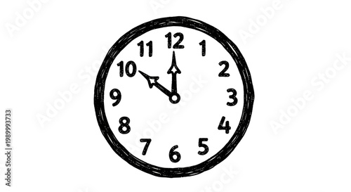 Analog wall clock showing ten ten time on round black frame and glass dial.