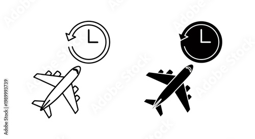 Two airplane icons with clocks illustrating travel schedules and time concepts.