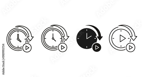 Series of rotating clocks with play icons representing time loops and cycles.