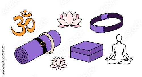 Yoga essentials illustration mat lotus flower om symbol belt block and person