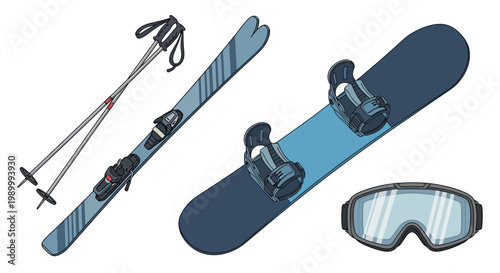 Winter sports equipment set skis snowboard poles and goggles isolated