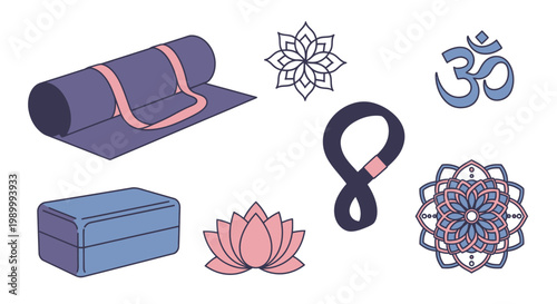 Yoga essentials illustration yoga mat lotus flower om symbol and yoga block
