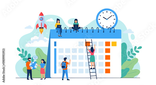 Team collaboration around a large calendar for project planning and scheduling.