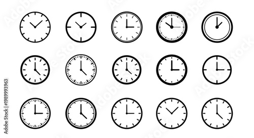 Collection of analog clocks arranged in a grid showing multiple timepieces.
