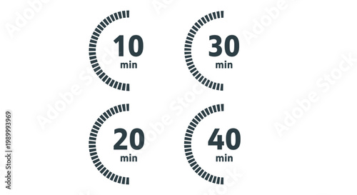 Set of four circular timer icons displaying ten, twenty, thirty, and forty minute intervals in a minimalist design.