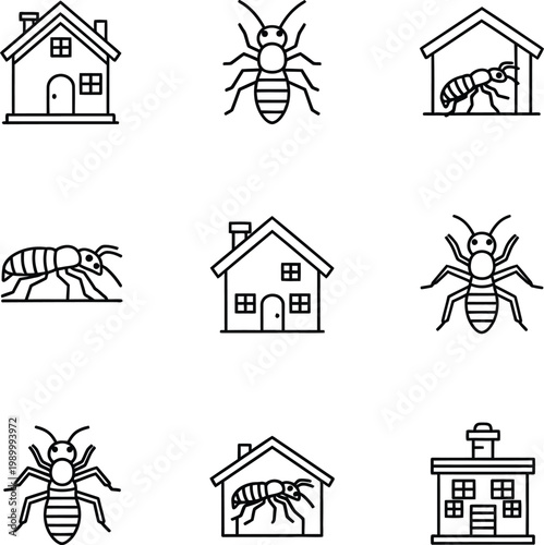 Black and white line of houses and termites line black and white insects pests