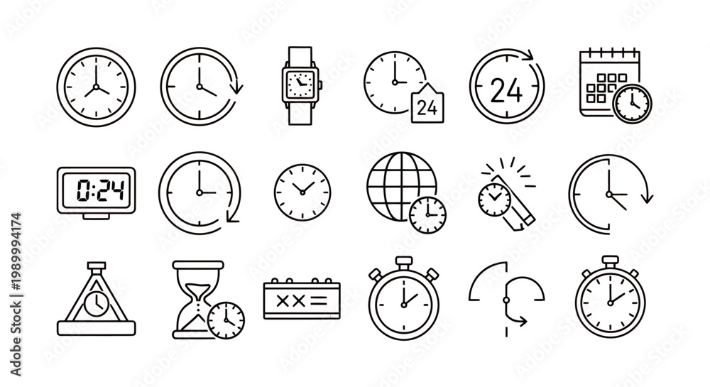 Fototapeta premium Collection of assorted timekeeping clocks and timers icons for design projects.