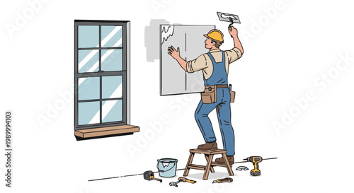 Construction worker on stepladder applying plaster to drywall during home renovation