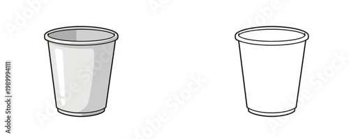 Single-use plastic cup in cartoon and outline styles with grey and white shades used for cold drinks and water serving isolated on white background