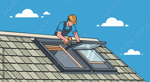 Roofer installing skylight window on residential house roof. Construction worker with power tool illustration