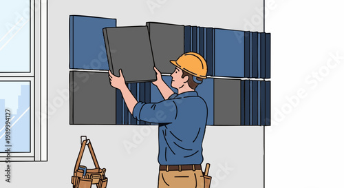Builder installing acoustic panels on wall vector illustration