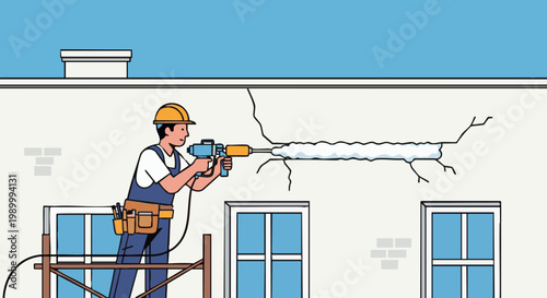 Construction worker on scaffolding sealing facade crack with expanding foam gun. Vector illustration