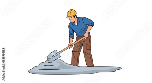 Construction worker with shovel leveling concrete screed on black background