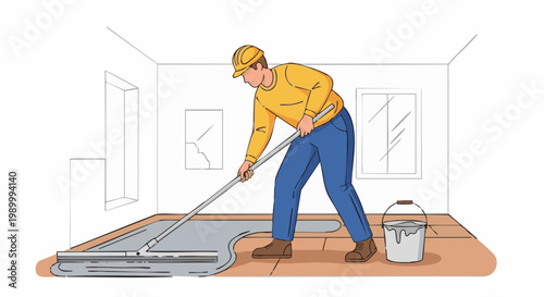 Construction worker applying self leveling compound on floor