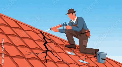 Roofer applying sealant to fix large crack on red tile roof