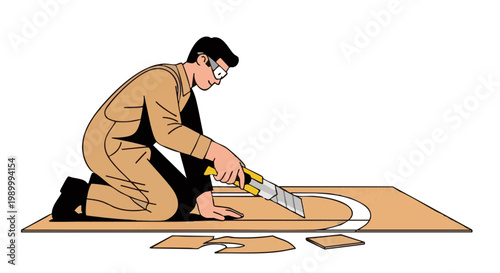 Man in overalls cutting linoleum with utility knife vector illustration