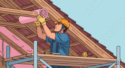 Construction worker installing pink thermal insulation in roof rafters