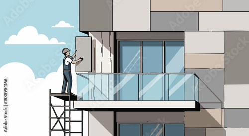 Construction worker installing facade panel on modern building from scaffolding