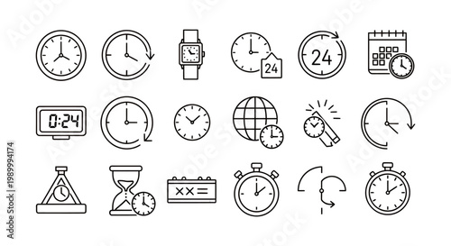 Collection of assorted timekeeping clocks and timers icons for design projects.