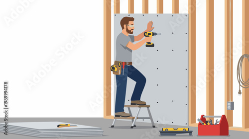 Man installing drywall with power drill on stepladder during home renovation. Vector illustration of construction worker