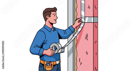 Construction worker sealing wall insulation with tape vector illustration