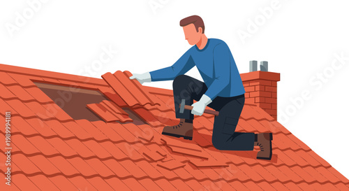 Roofer replacing broken red tiles on residential house roof. Vector illustration