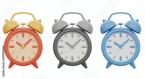 Three colorful vintage alarm clocks in red, gray, and blue for creative timepiece decor.