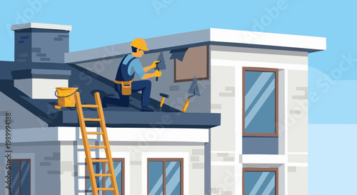 Construction worker fixing house facade on roof with tools