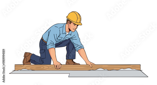 Construction worker leveling fresh concrete screed with wood plank illustration
