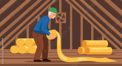 Senior man installing yellow insulation rolls in wooden attic for home improvement