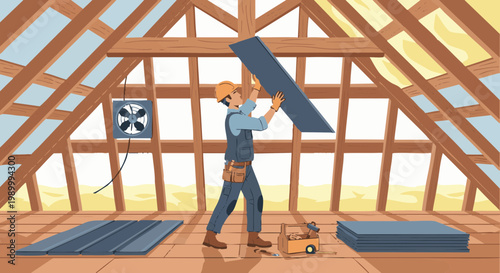 Construction worker installing roof panels in attic. Carpenter fitting insulation boards under wooden rafters during home renovation