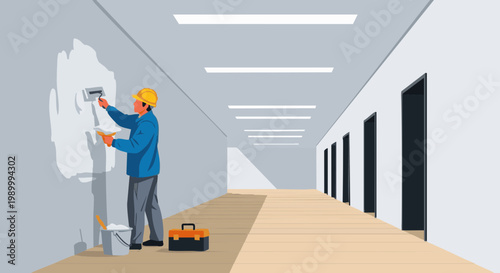 Handyman applying plaster during office renovation vector illustration