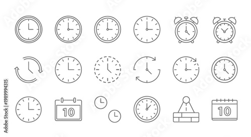 Collection of assorted clock icons and timekeeping illustrations for design use.